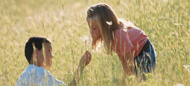Two children sitting in a field
